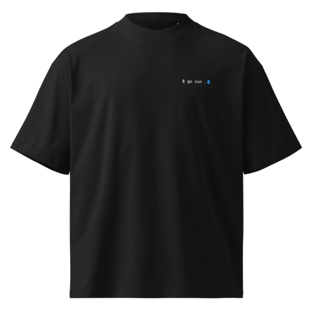 $ go run . · Camiseta oversize · Negro