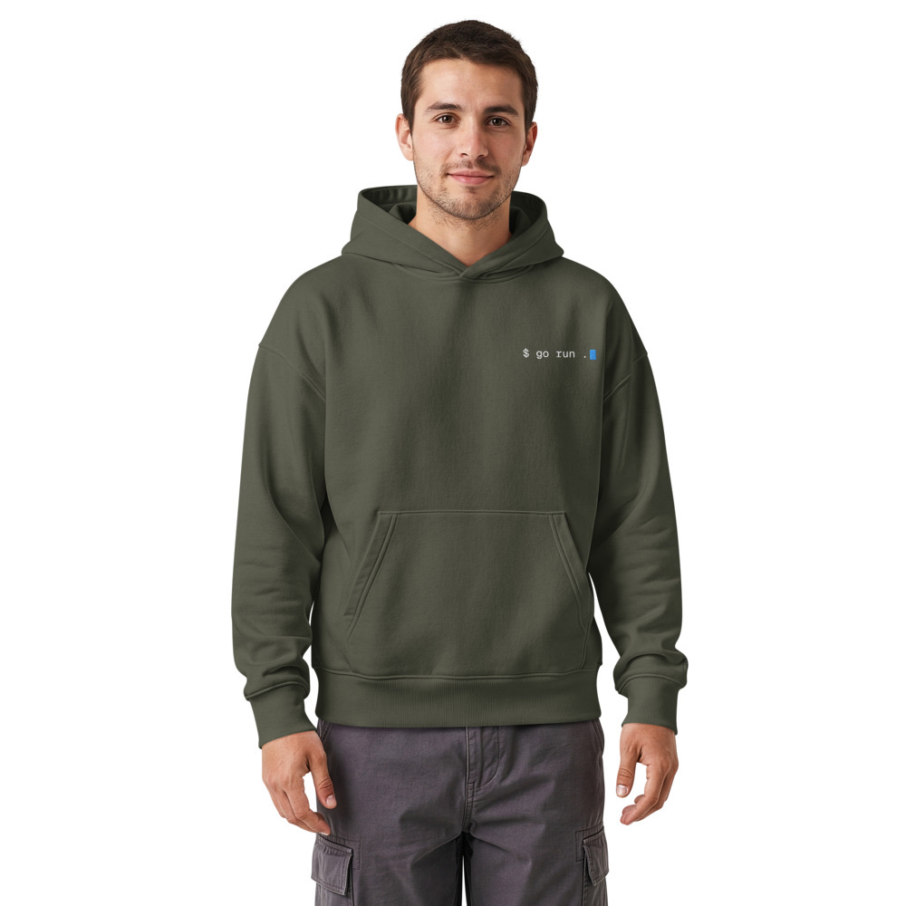 $ go run . · Sudadera con capucha · Verde caqui